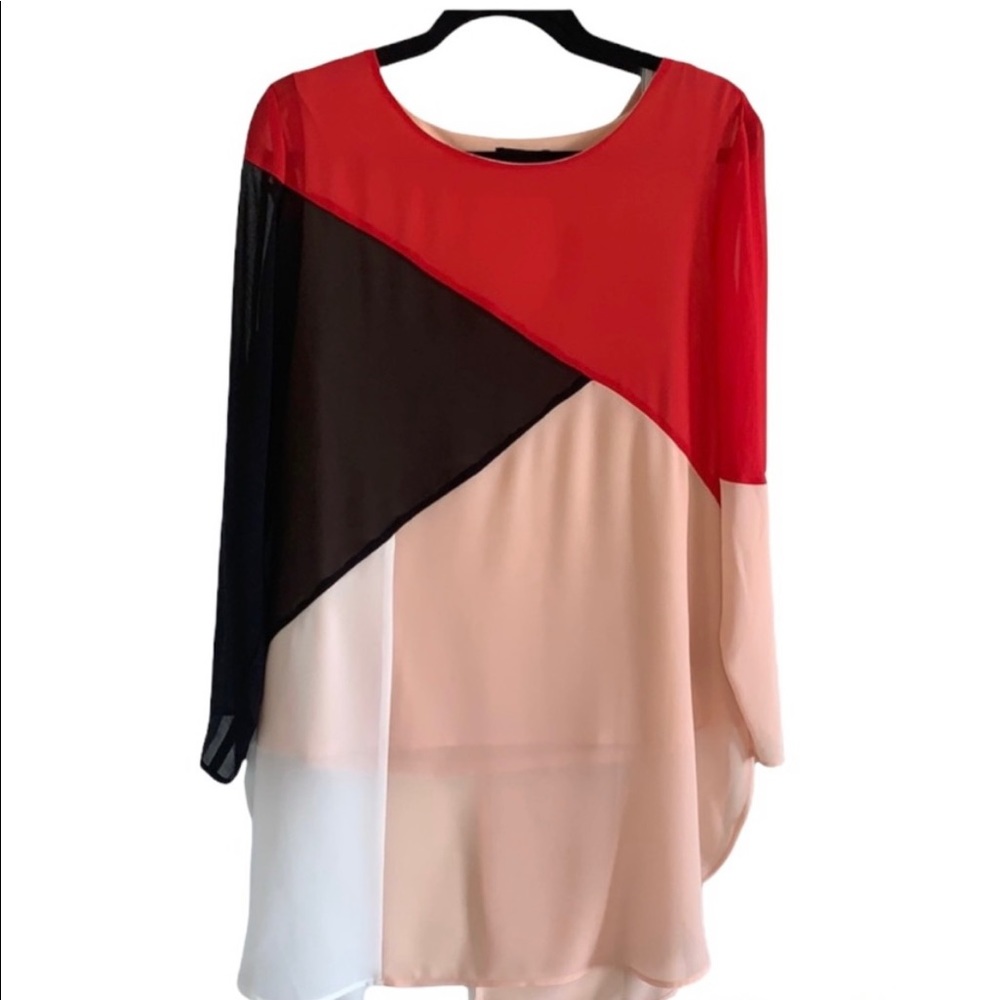 ALFANI colour blocked super tunic top lined red black ivory round neck large
